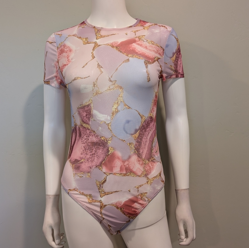 SHEIN Pink Purple Gold Pretty Mesh Sheer Short Sleeve Round Neck Bodysuit Medium